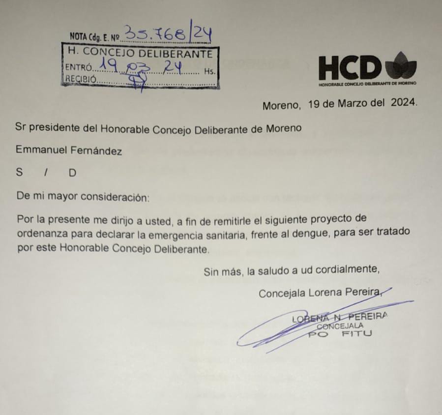 Moreno: Presentan proyecto de ordenanza para declarar la emergencia sanitaria por Dengue