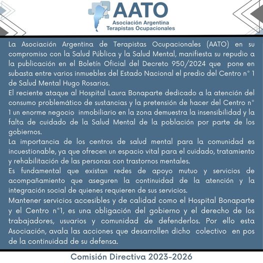 La Asociación de Terapistas Ocupaciones defiende el Centro N°1 de Salud Mental Hugo Rosarios